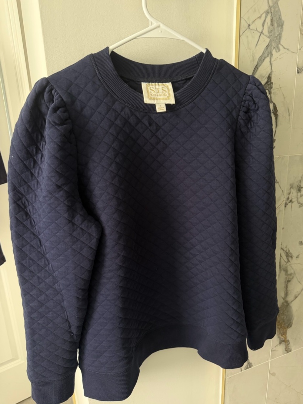 Sail to Sable Quilted Navy Puff-Sleeve Sweatshirt